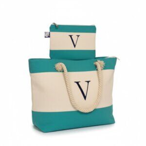 YooLife Canvas Monogram Beach Tote Bag with Additional Small Pouch